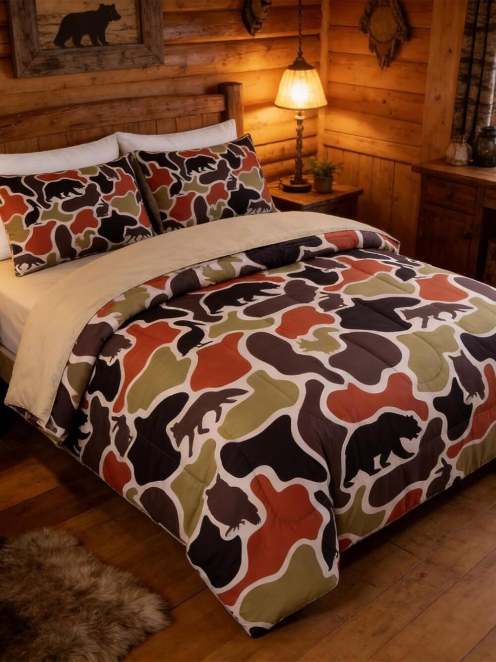 Kids Teens Woodland Wildlife Camo Bedding Set, 5-Piece Queen Size Army Camouflag